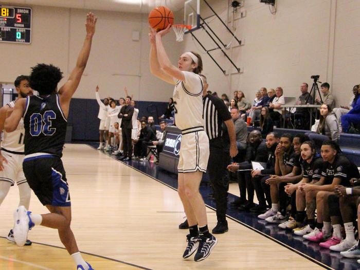 Penn State DuBois senior forward Beau Verdill gets a contested three pointer away during a recent home game at the PAW Center, on the campus of Penn State DuBois.